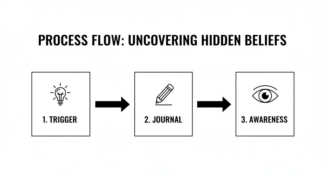 A process flow diagram showing three steps: Trigger, Journal, and Awareness, for uncovering hidden beliefs.