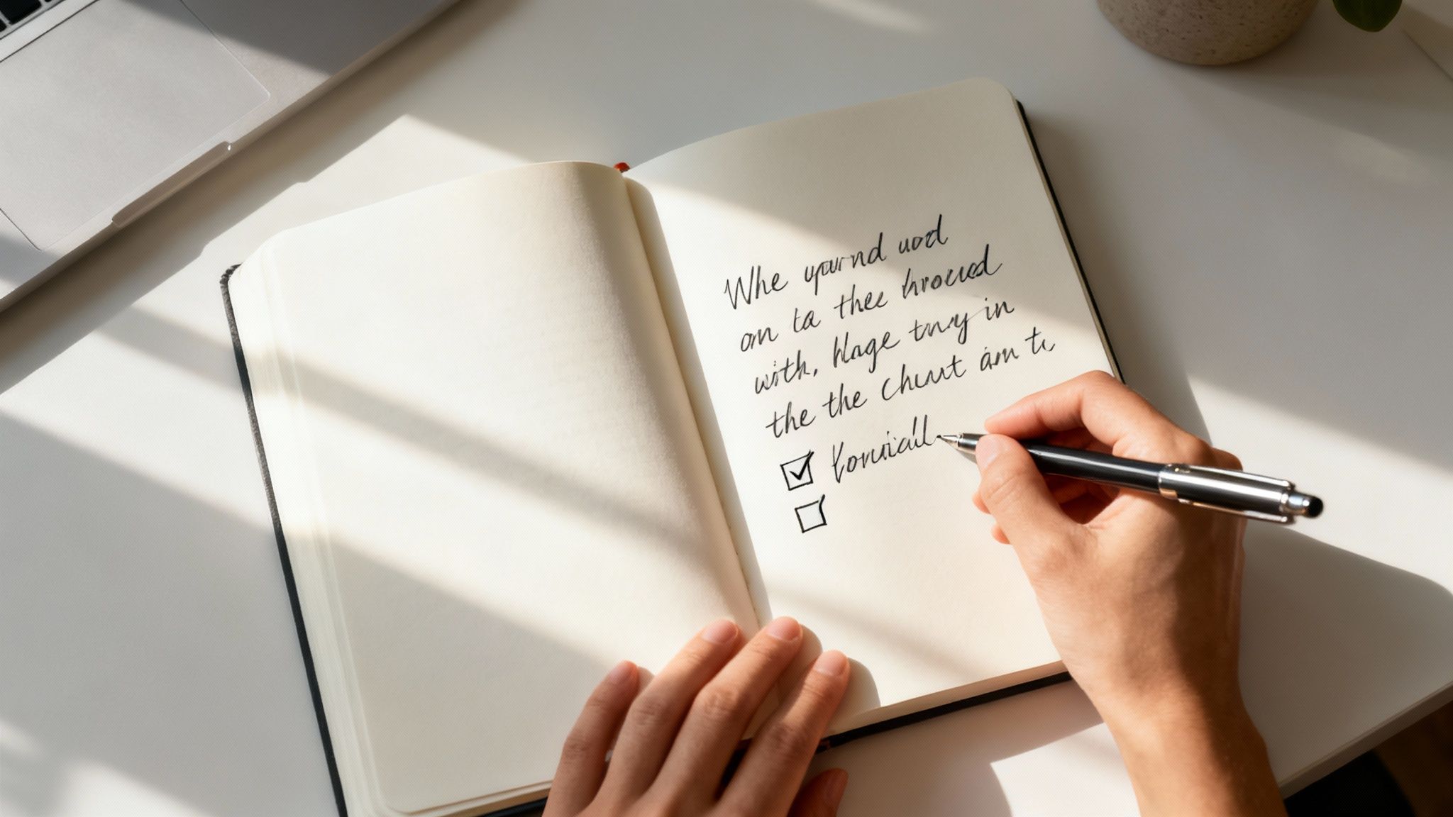 Overhead shot of a person writing in a notebook with a pen, checking off a list item.