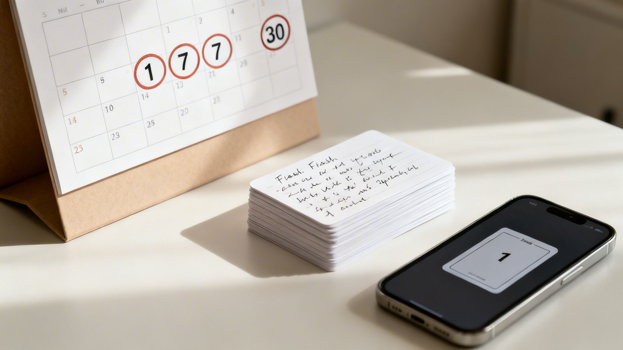 A desk scene with a calendar showing marked dates, a stack of handwritten flashcards, and a smartphone displaying a digital flashcard.