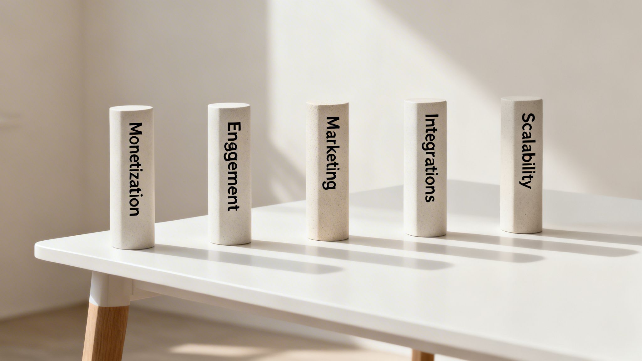 Five hexagonal pillars on a white table displaying business growth concepts: Monetization, Engagement, Marketing, Integrations, Scalability.
