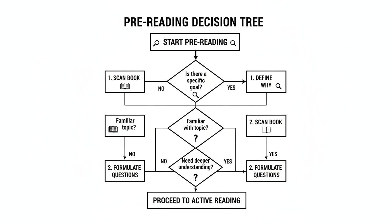 A pre-reading decision tree flowchart guides users through steps to scan, define goals, and formulate questions.