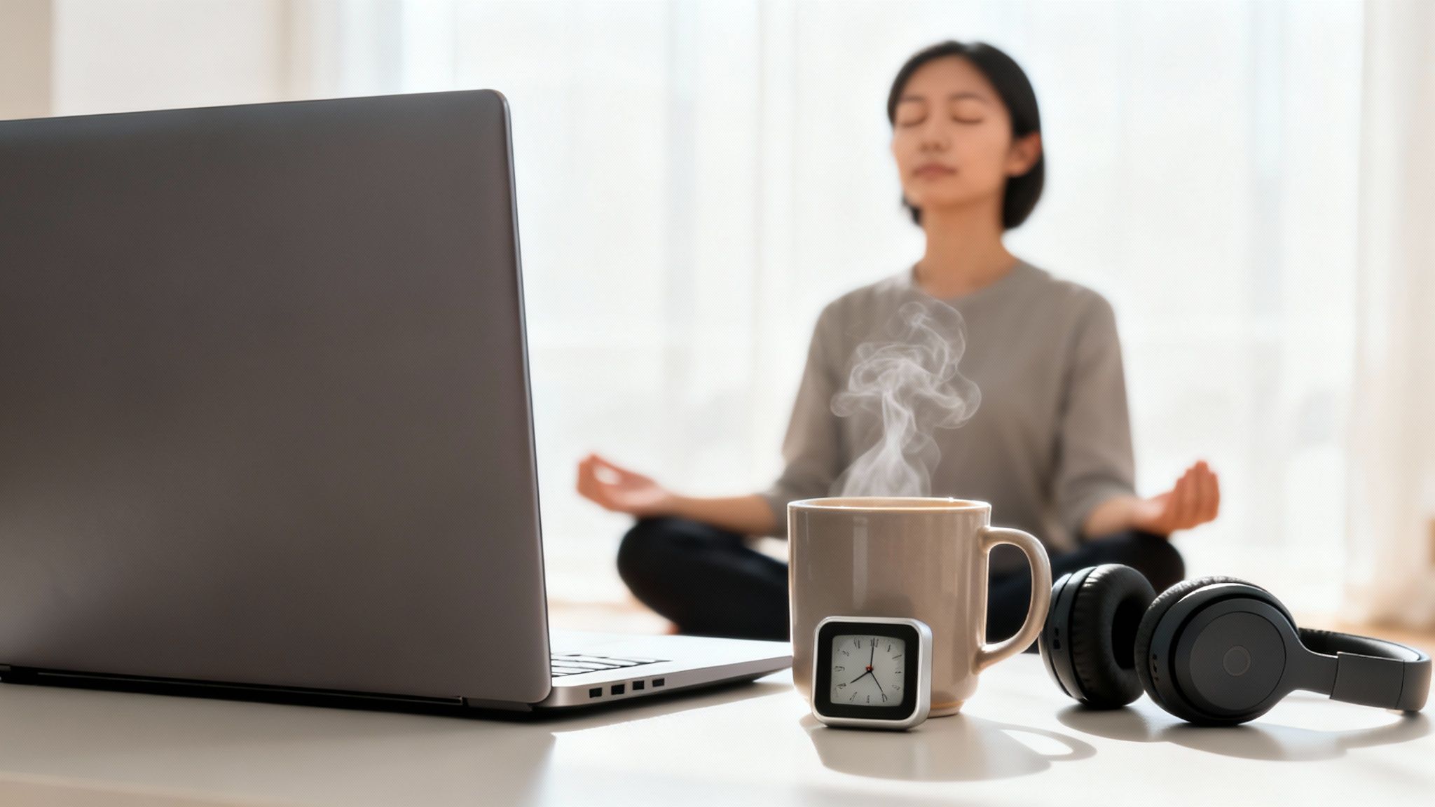 A woman meditates behind a laptop, steaming mug, clock, and headphones on a white desk.
