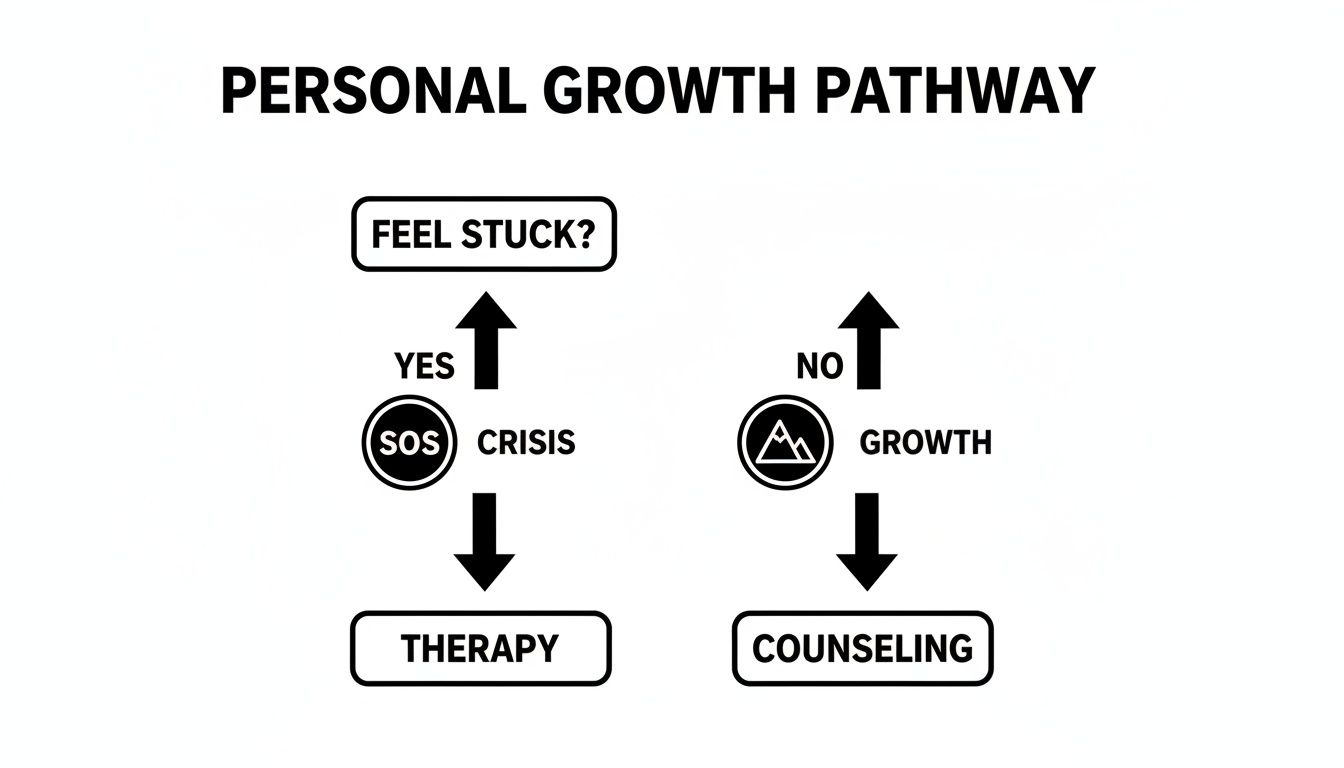 Flowchart illustrating a personal growth pathway, distinguishing between therapy for crisis and counseling for general growth.