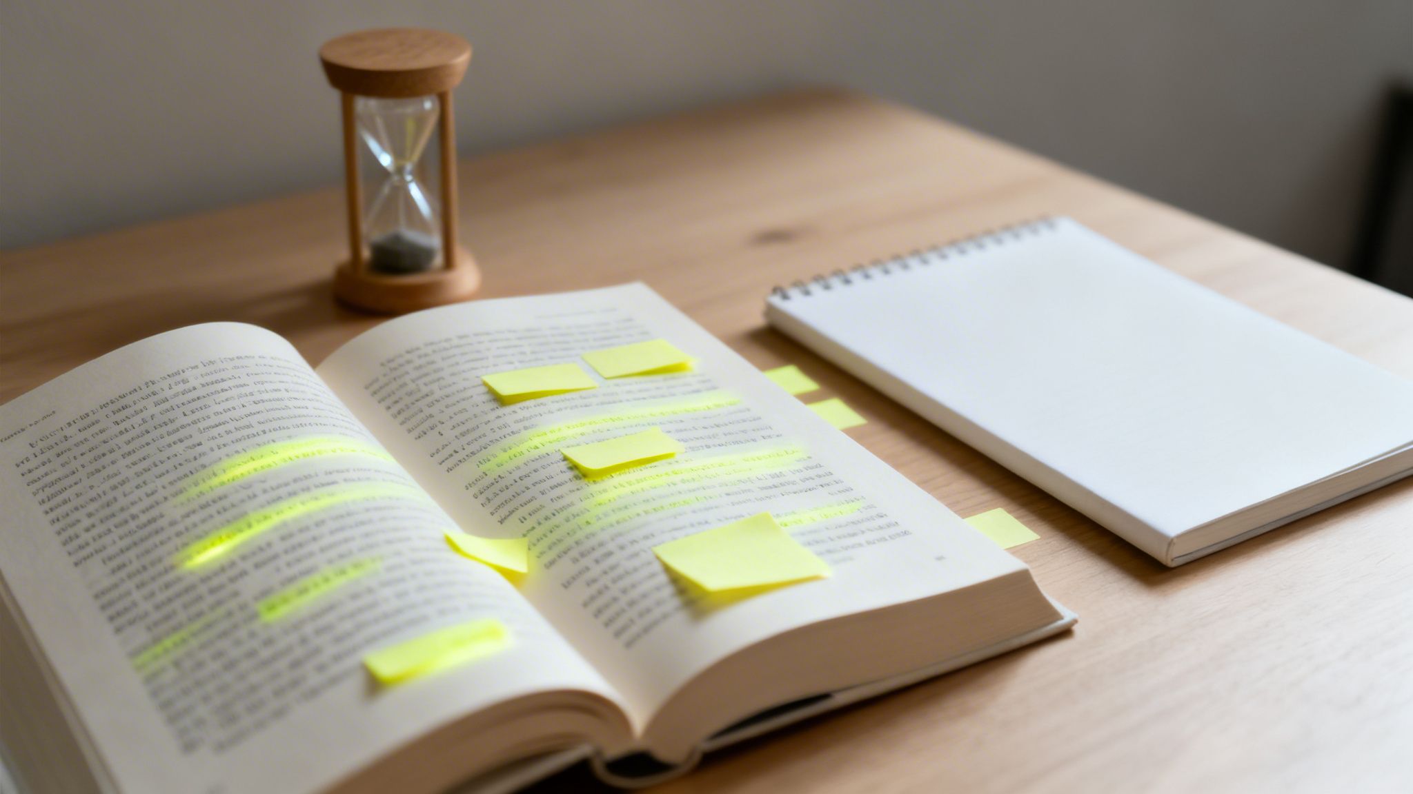 An open book with yellow sticky notes and highlighted text, a spiral notebook, and an hourglass on a wooden desk.