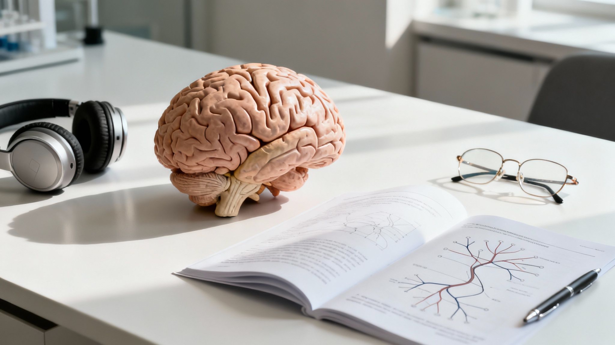 A bright desk with a human brain model, headphones, an open book, glasses, and a pen, implying study.
