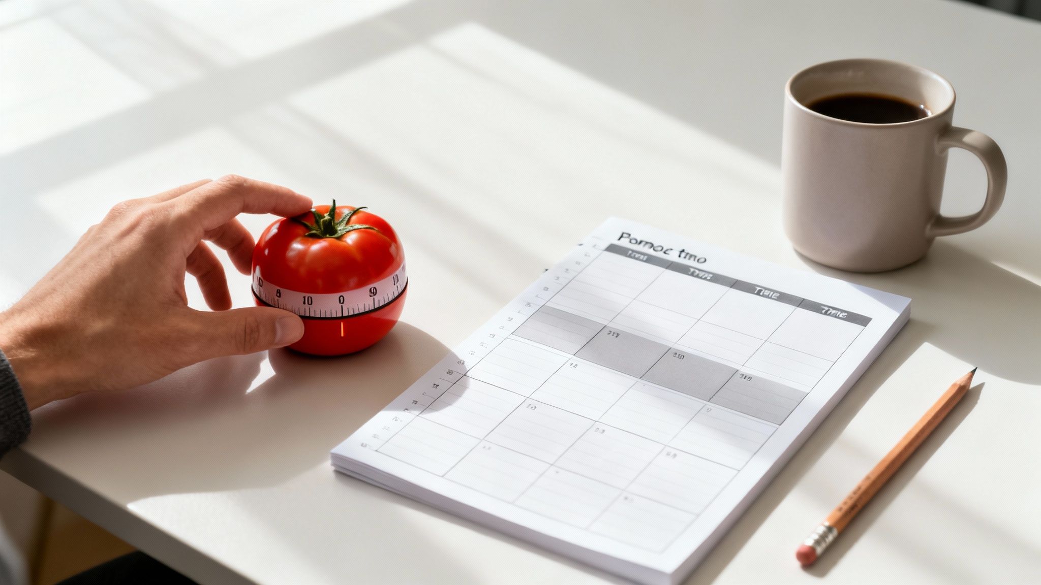 A hand sets a red tomato timer on a white desk next to a planner and coffee.