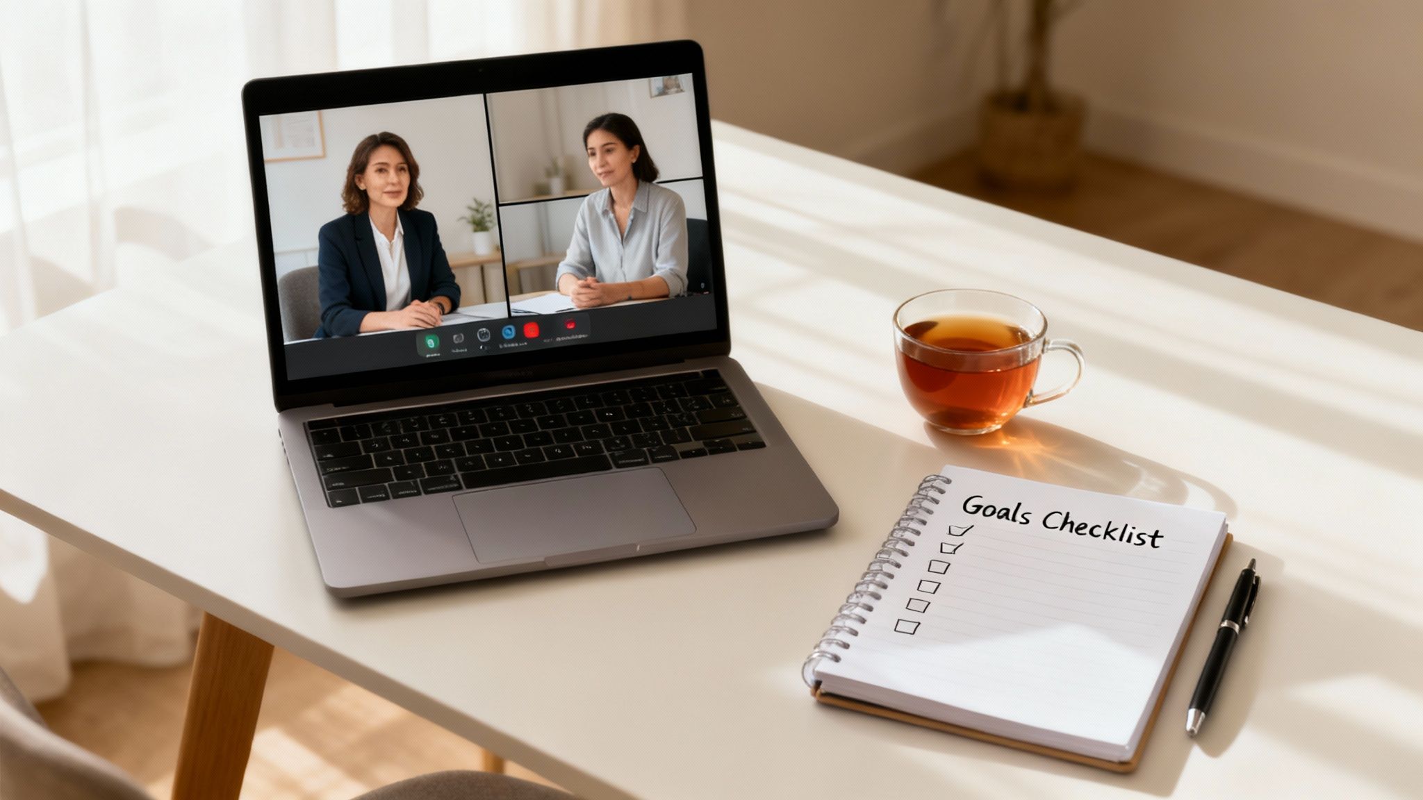 A laptop displaying a video call, a cup of tea, and a 'Goals Checklist' notebook with one item checked.