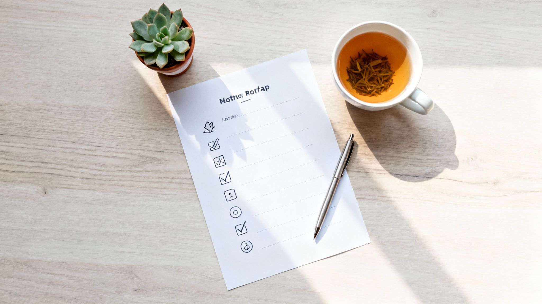 Overhead view of a minimalist workspace with a checklist, pen, succulent plant, and a cup of tea.