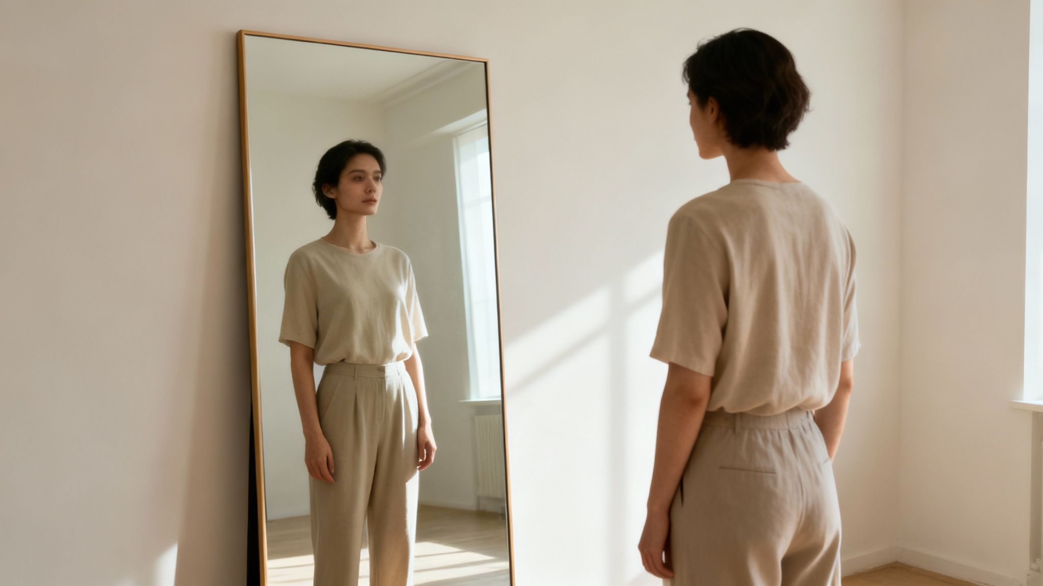 A person in beige clothes looks at her reflection in a full-length mirror in a minimalist room.