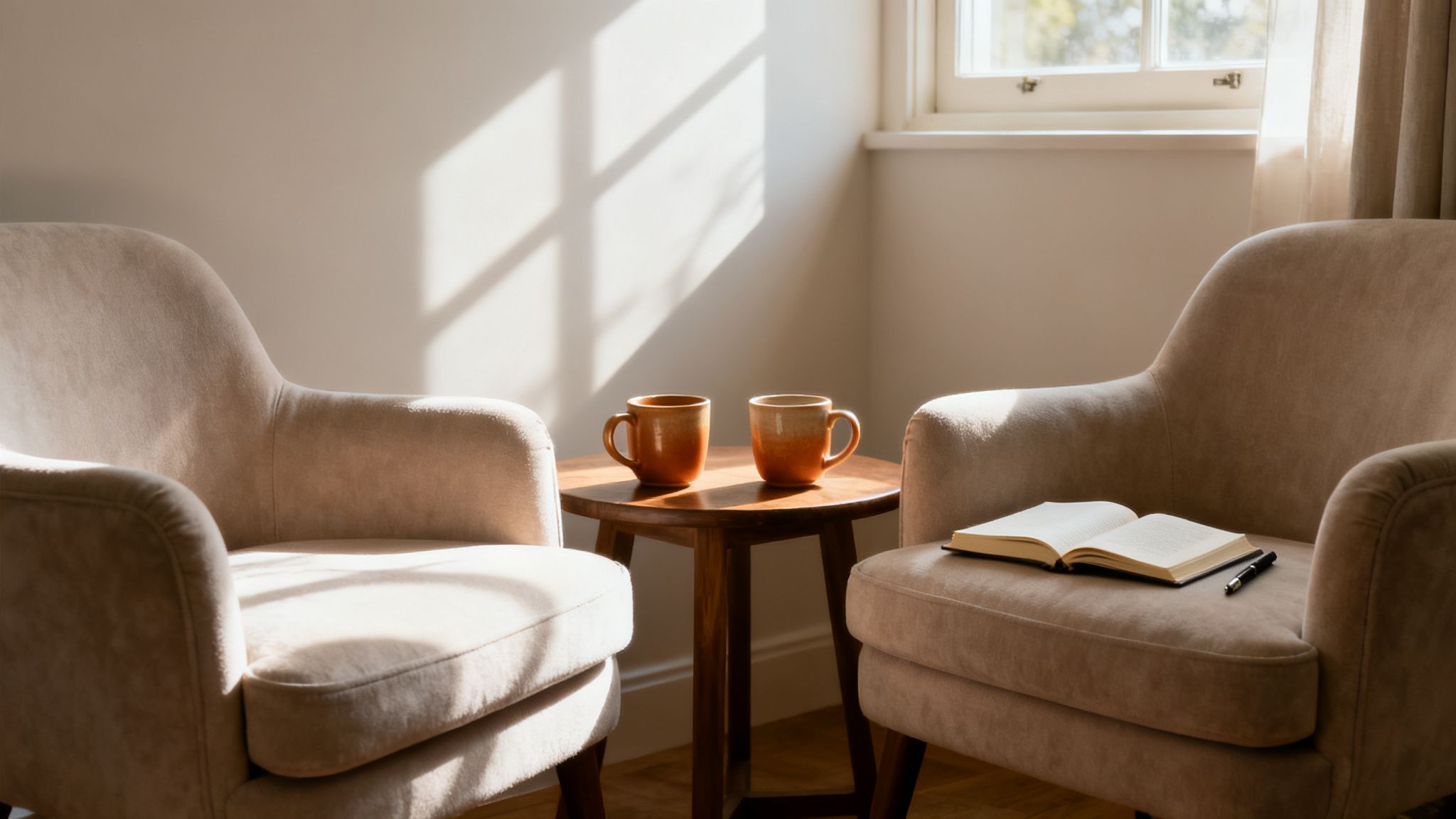 Two cozy armchairs with a coffee table, mugs, and an open book in a sunlit room.