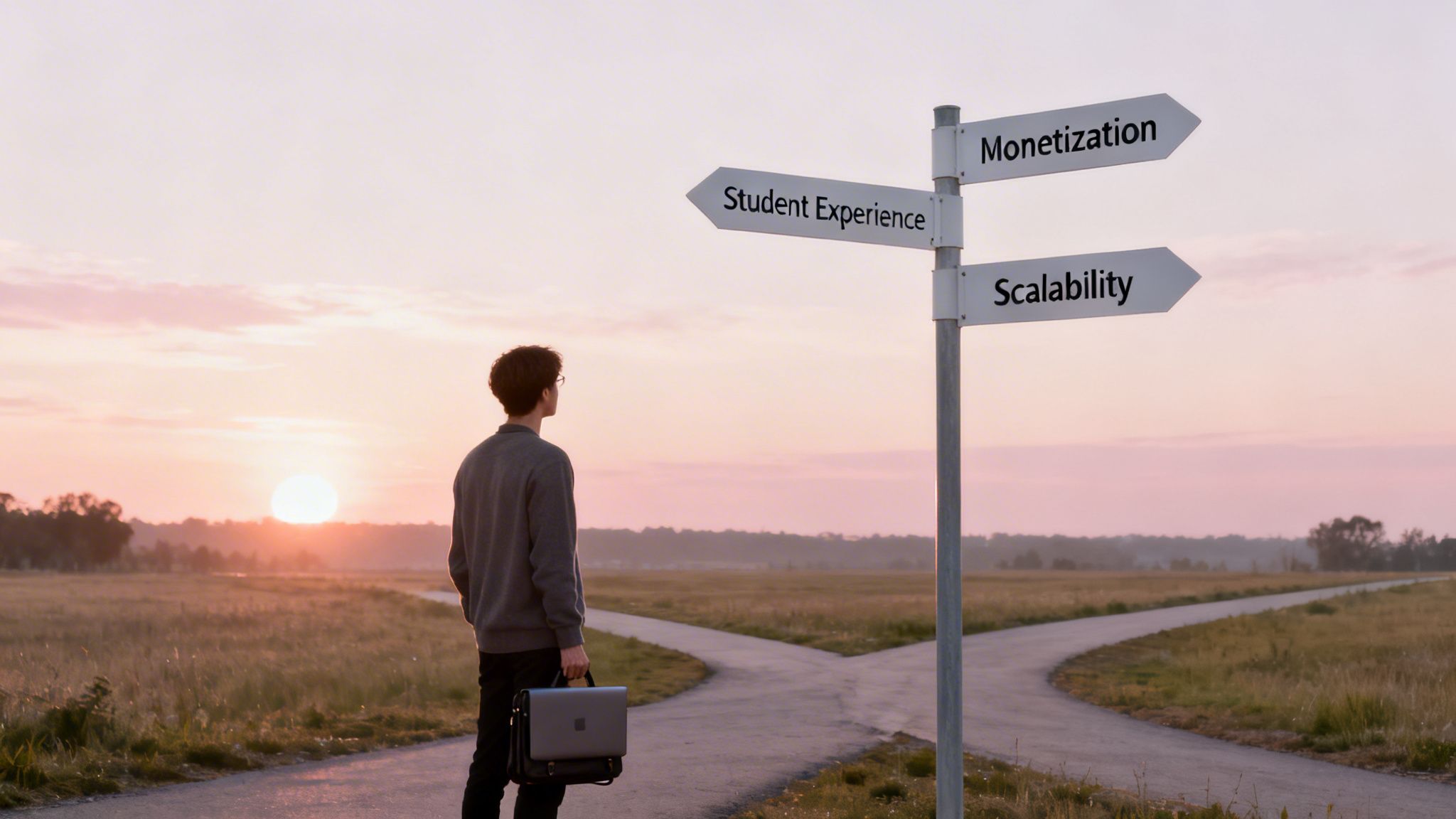 A man stands at a crossroads, looking at a signpost with options for 'Student Experience', 'Monetization', and 'Scalability' at sunset.