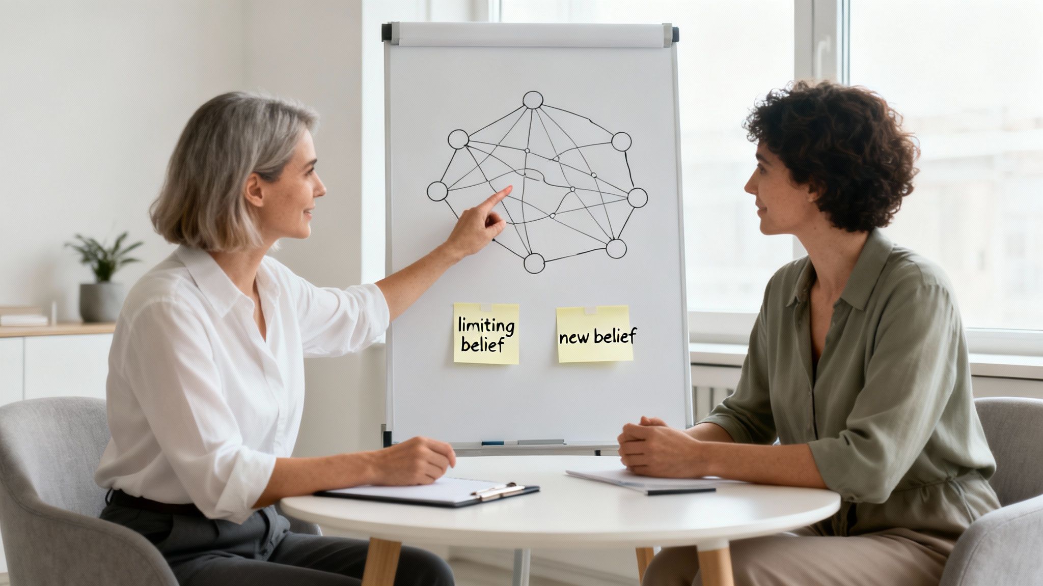 Two women in a coaching session, discussing beliefs with a diagram on a whiteboard.