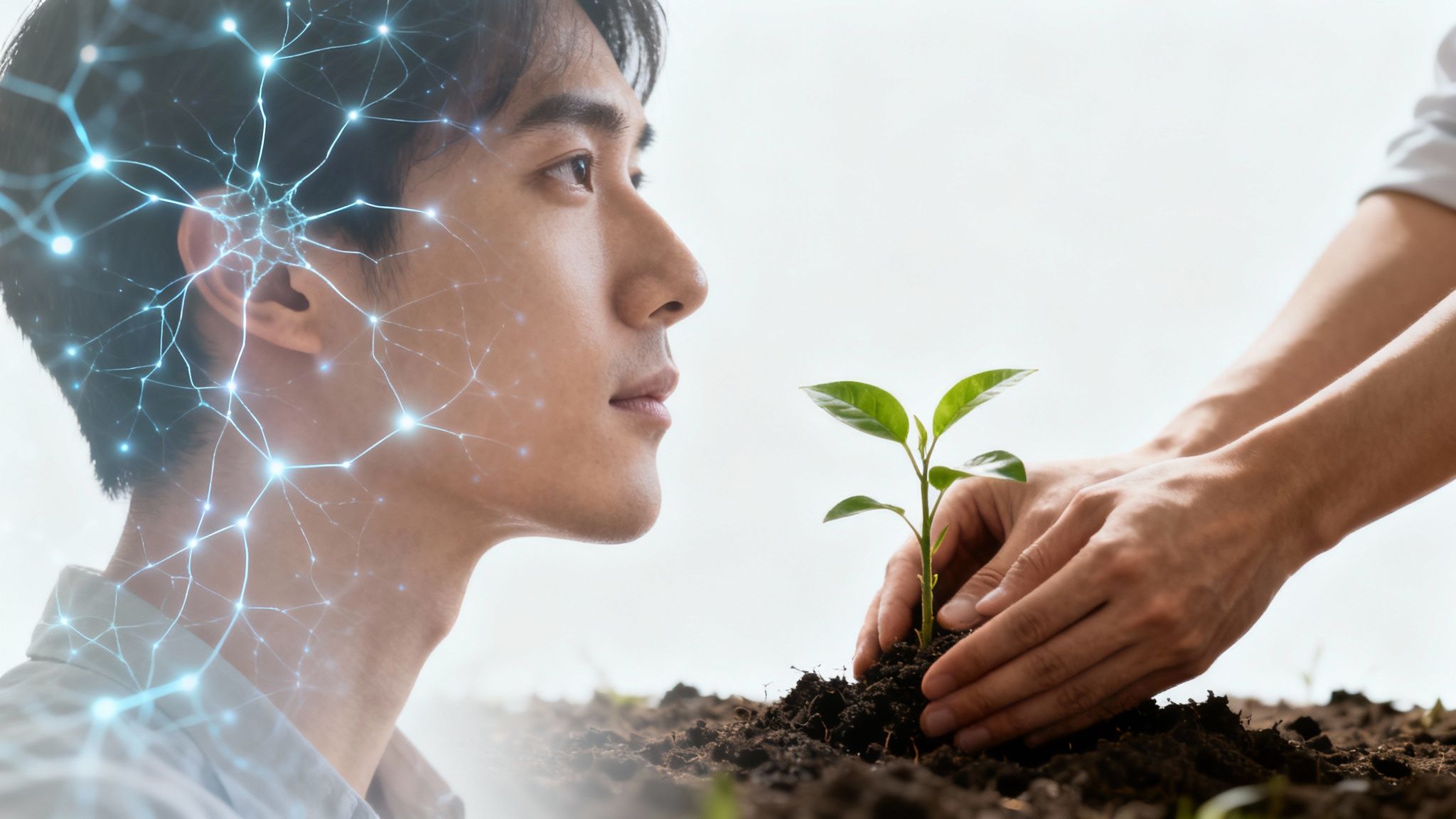 Thoughtful man with glowing brain network observes hands planting a young green sprout, symbolizing growth and innovation.