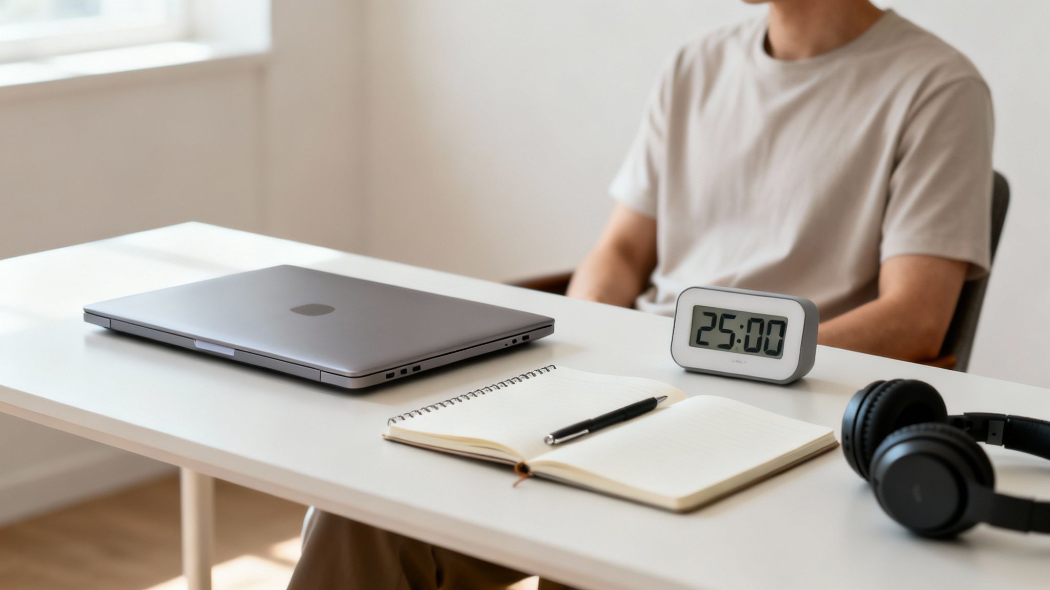 A person sits at a white desk with a closed laptop, timer, notebook, pen, and headphones.