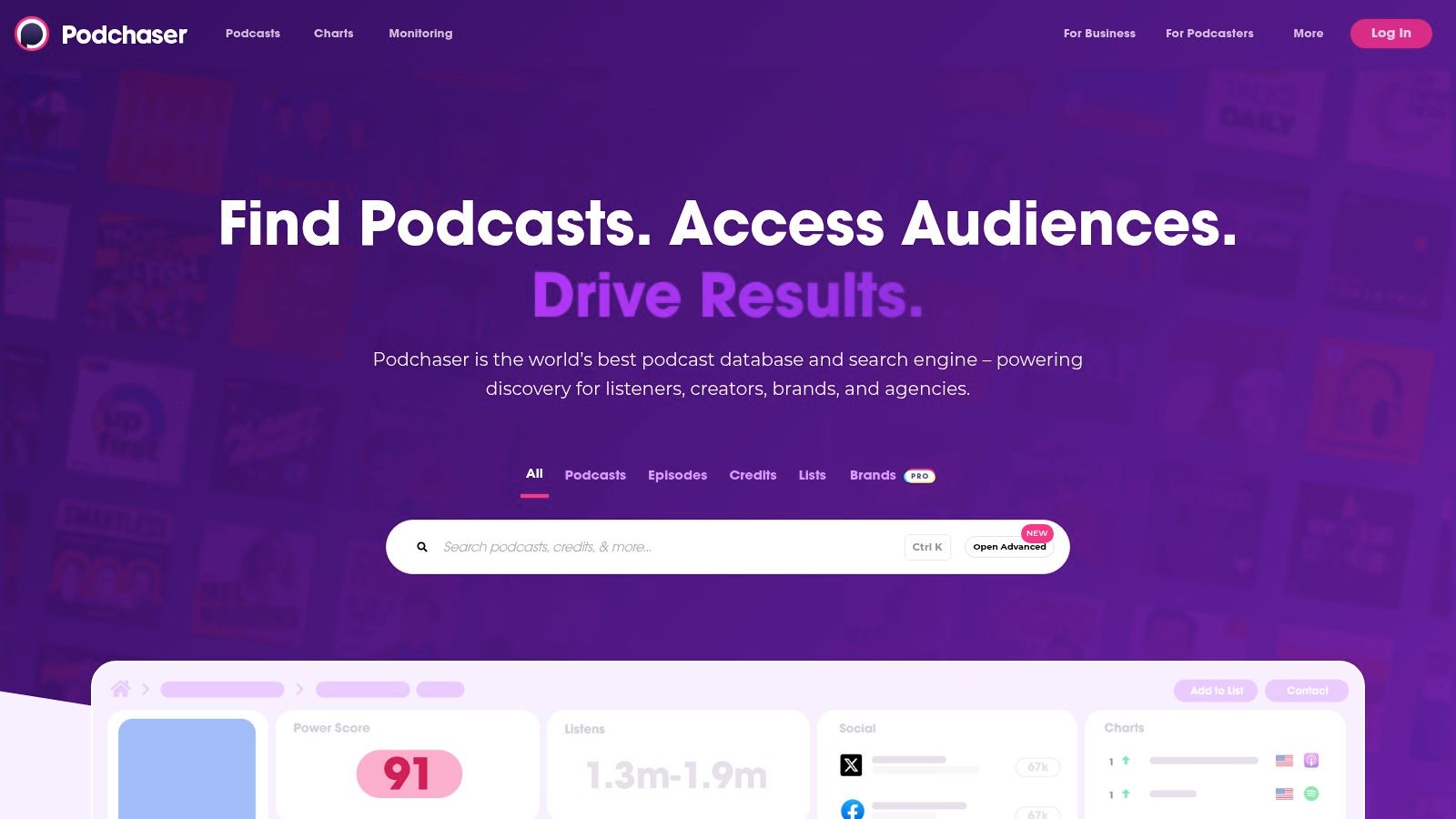 A screenshot of the Podchaser web interface, showing a podcast's main page with its cover art, rating, and options to add to a list or share. This illustrates its function as a podcast database.