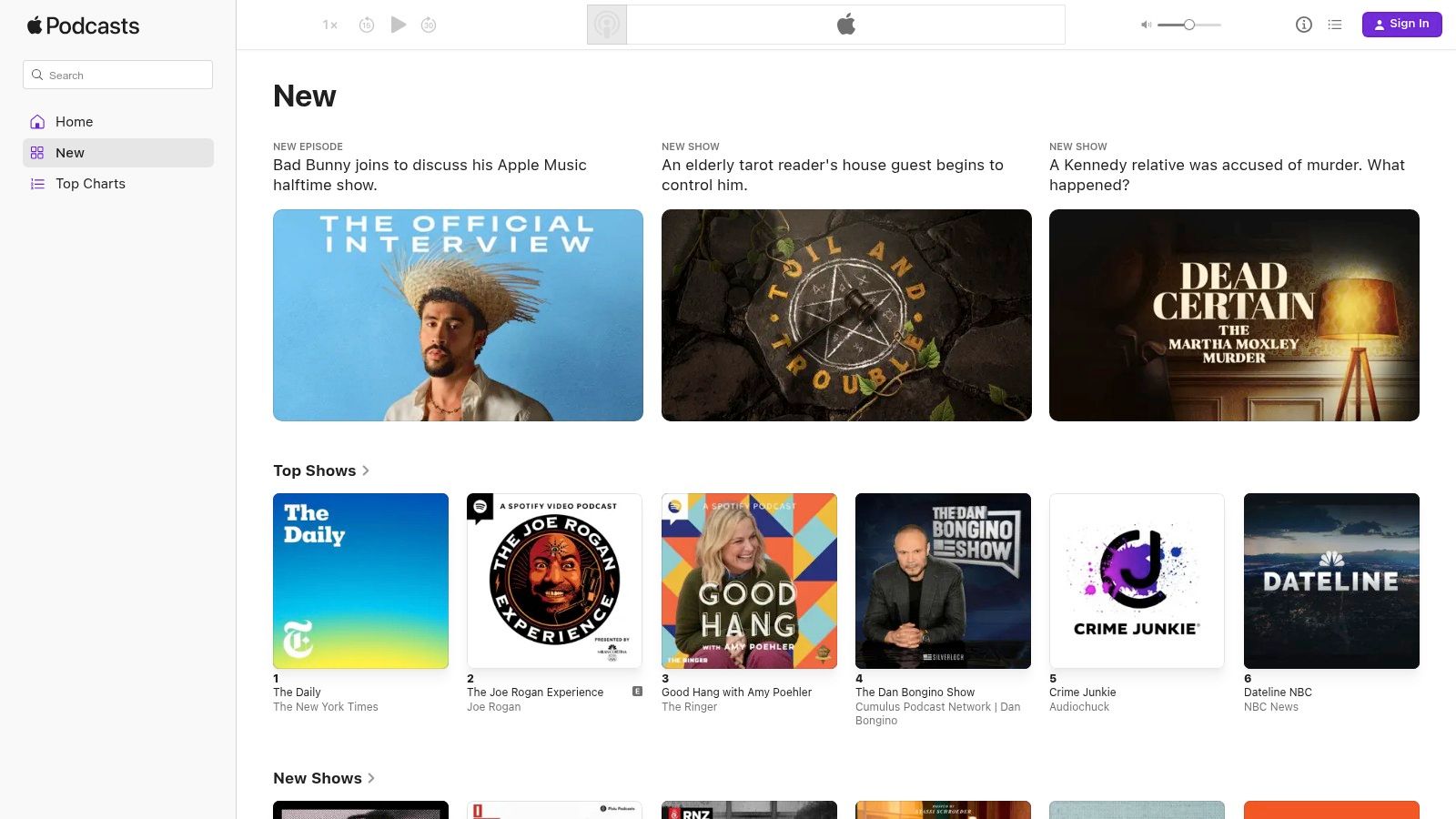 A screenshot of the Apple Podcasts web interface showing various podcast covers under the "New & Noteworthy" section, highlighting its discovery features for personal growth podcasts.