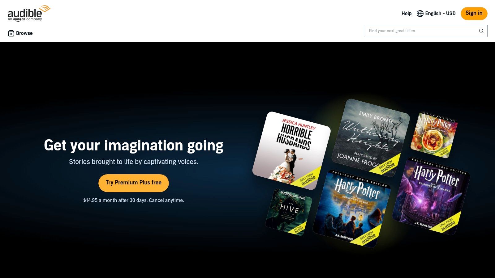 A screenshot of the Audible app interface showcasing a personal growth audiobook, highlighting its combined library of audiobooks and podcasts.