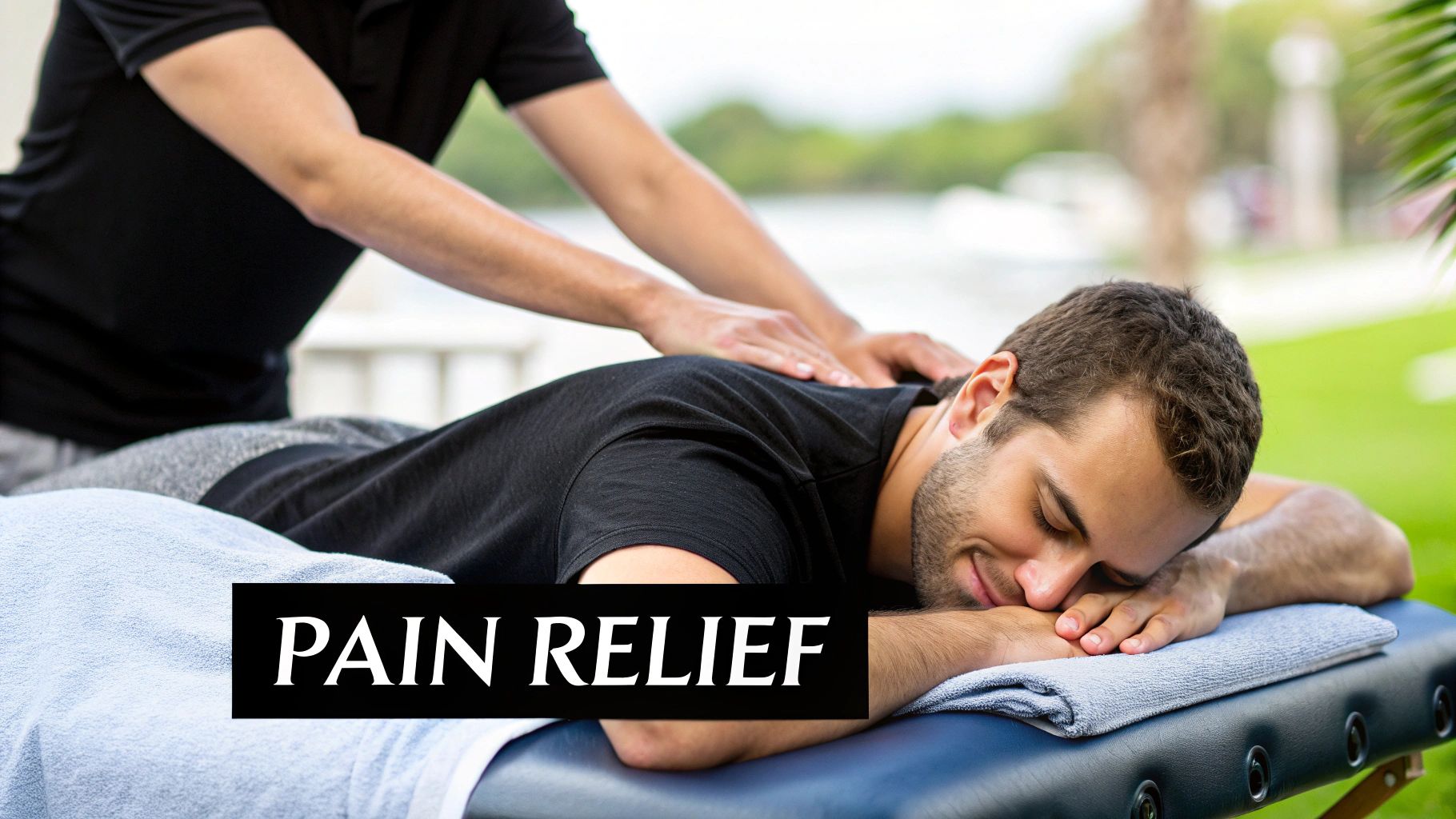 Massage therapist applying pressure to a client's lower back and glute area.