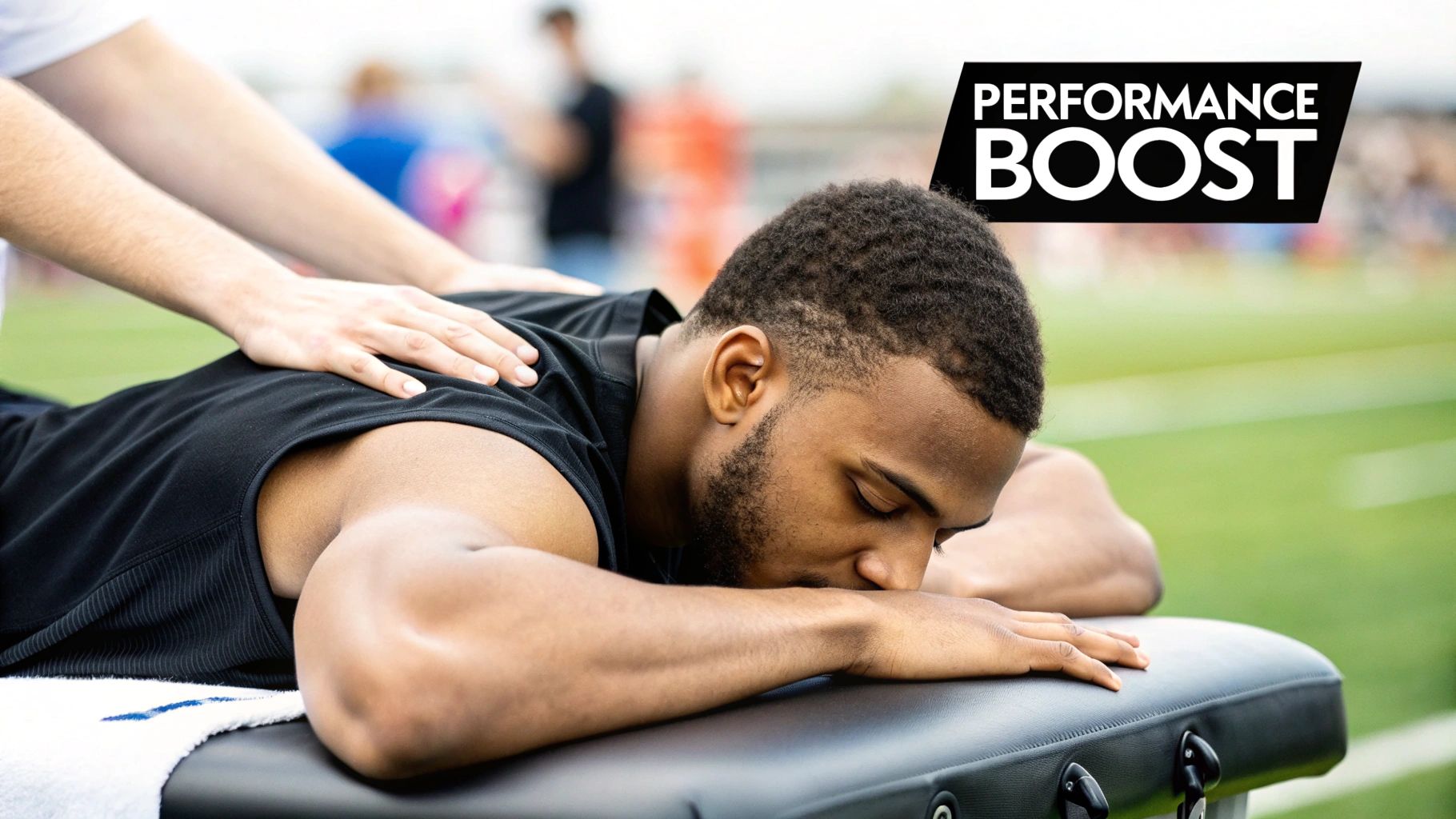 Athlete receiving a deep tissue massage on their leg