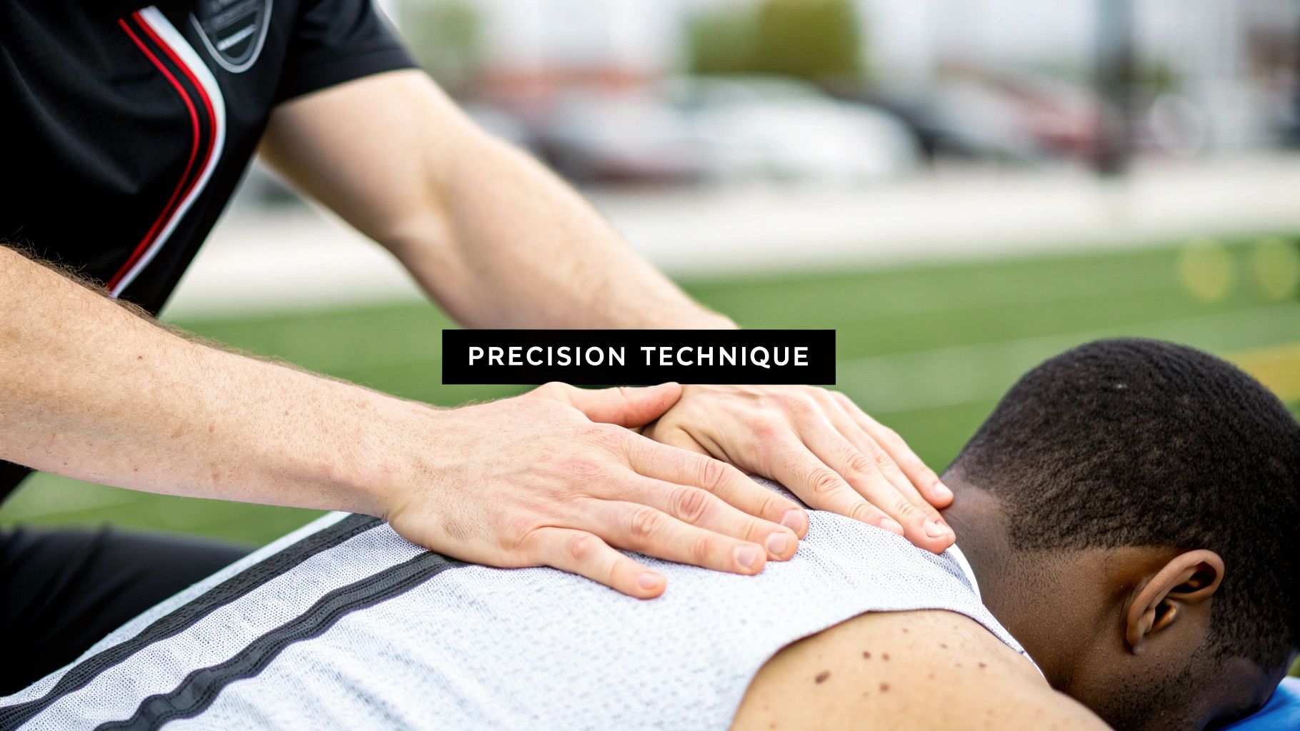 Athlete's back muscles being worked on during a deep tissue massage