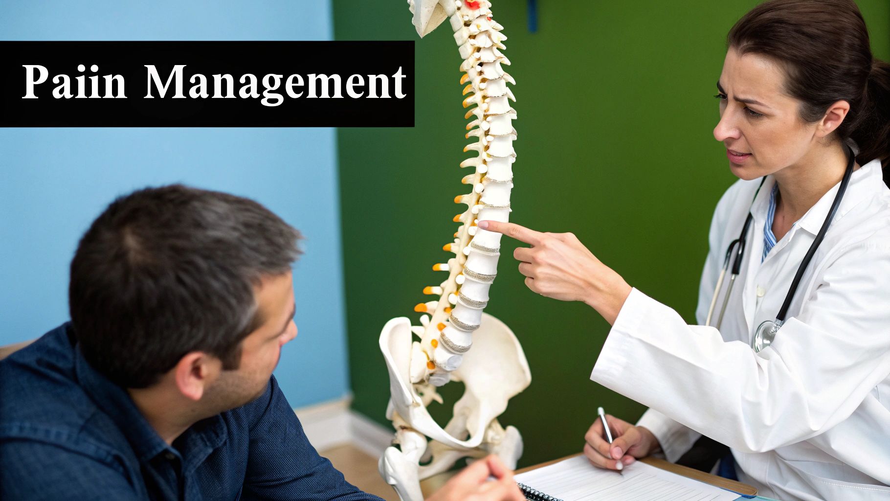 A healthcare professional in scrubs consulting with a patient about their back pain.