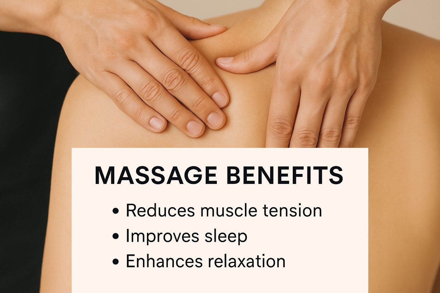 Infographic of hands massaging a shoulder, with a text block titled 'Massage Benefits'.