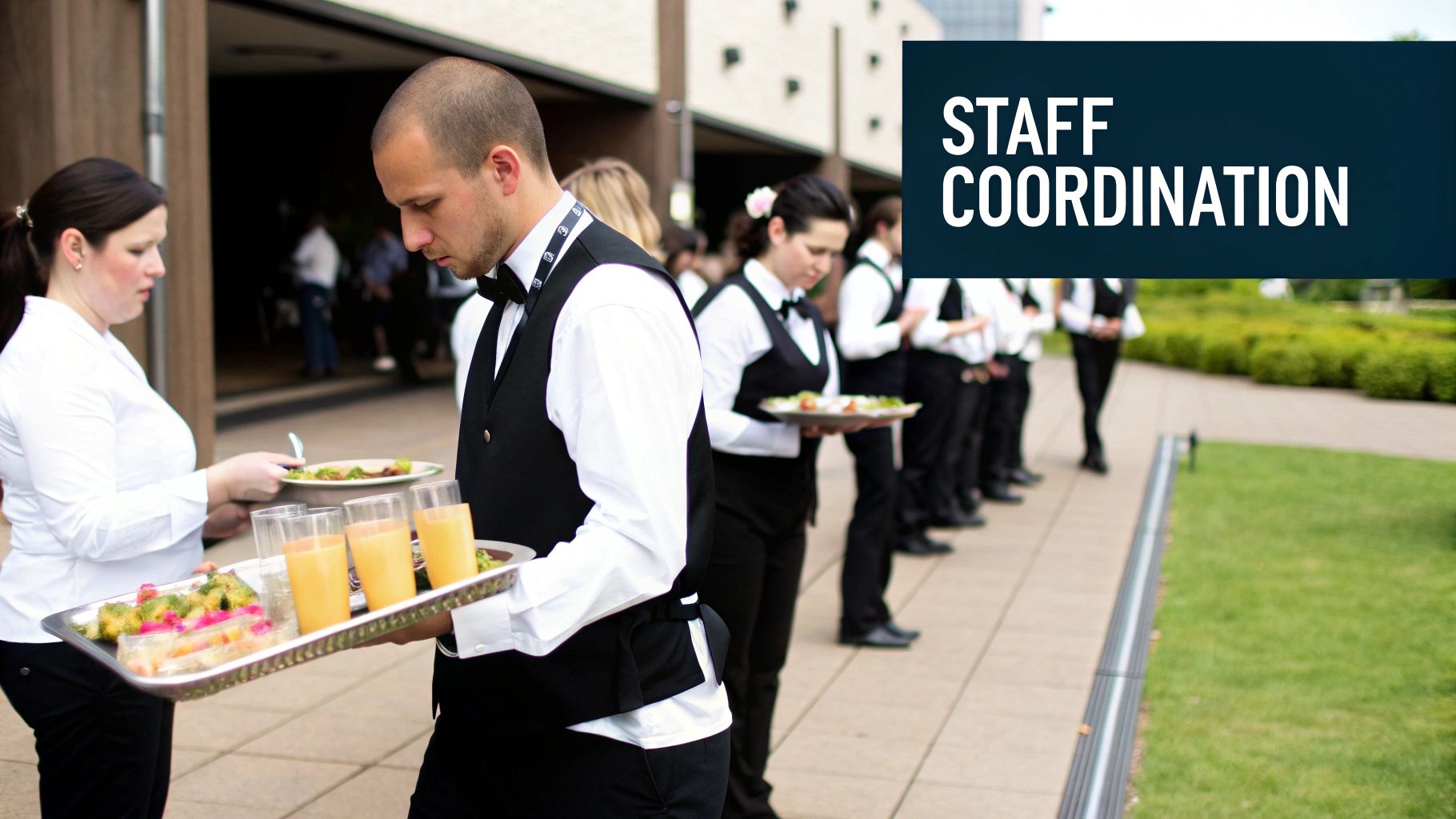 A caterer and an event planner reviewing a checklist together in a professional kitchen setting.