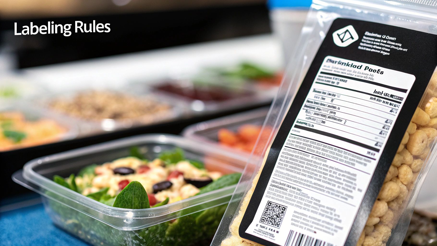 Assortment of food-safe packaging materials like plastic and paper on a clean surface