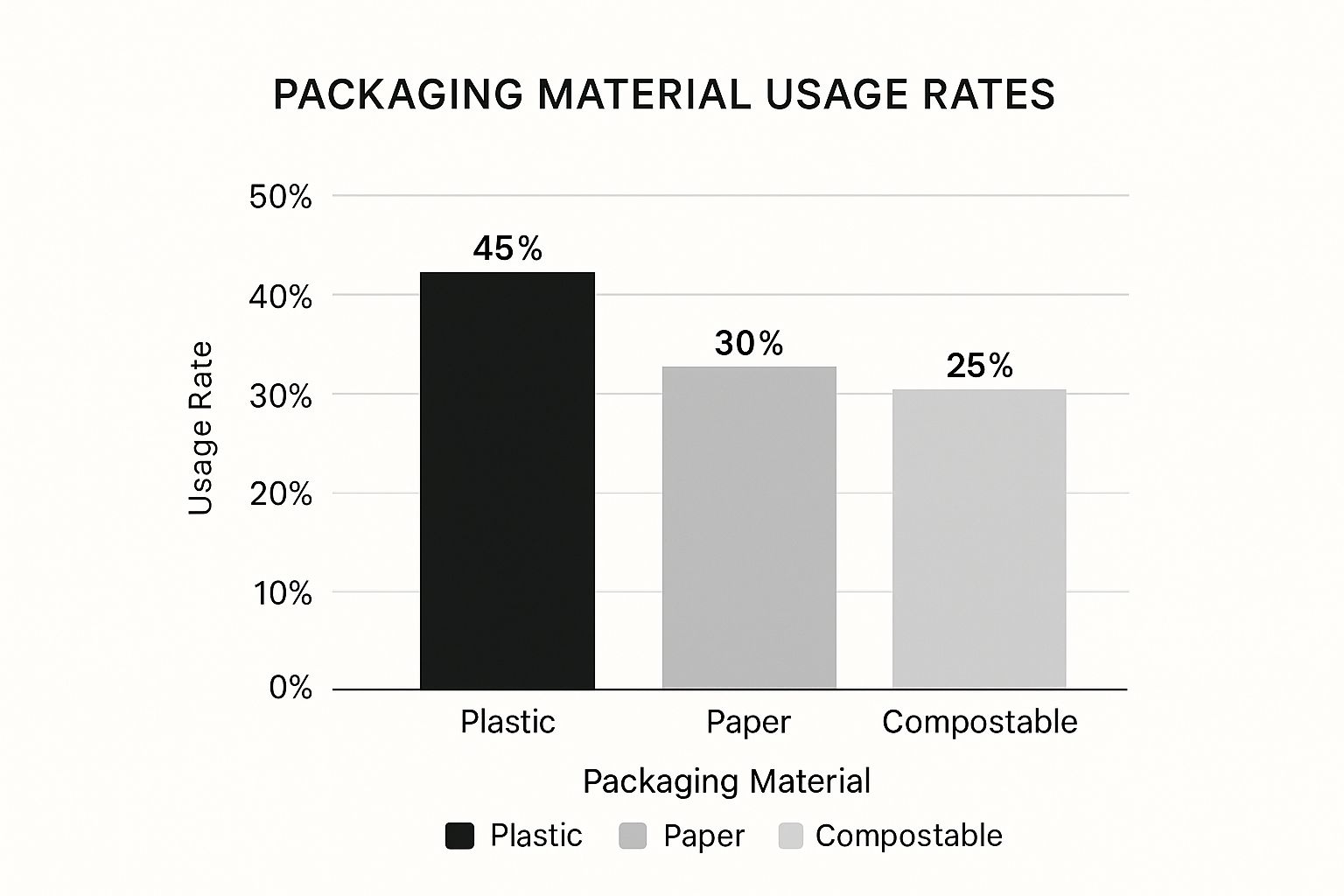 A variety of food packaging materials like plastic, paper, and compostable items spread out.