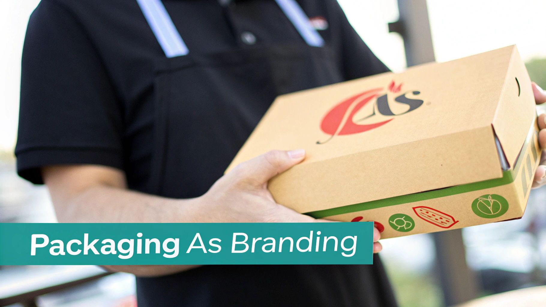 A person holds a branded brown takeaway box with a red logo and green food icons, emphasizing packaging as branding.
