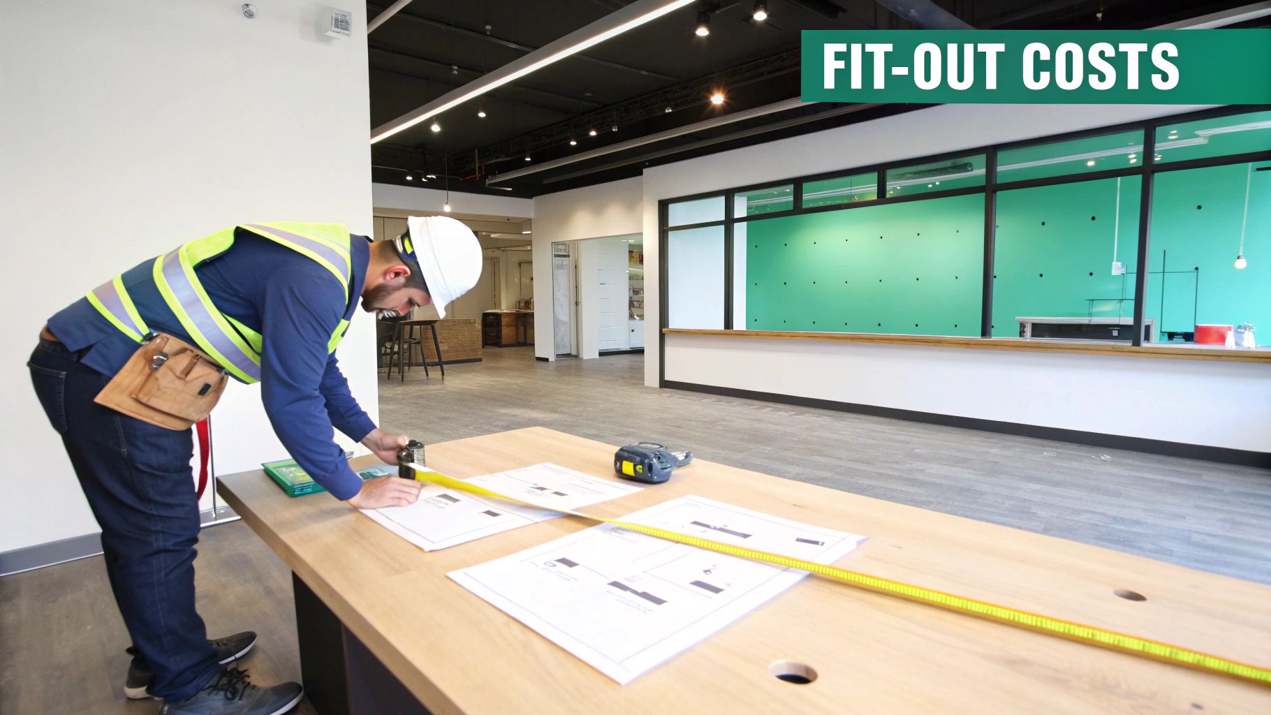 A construction worker in a hard hat and safety vest measures blueprints on a table in an empty commercial space.