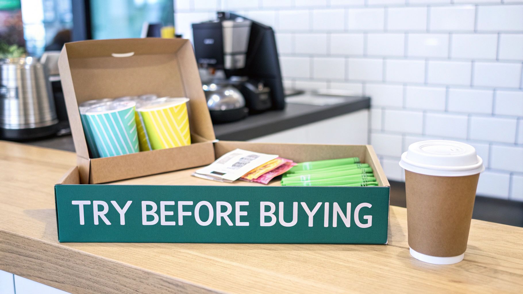 A 'Try Before Buying' box holds colorful cups, green straws, and packets, beside a disposable coffee cup.