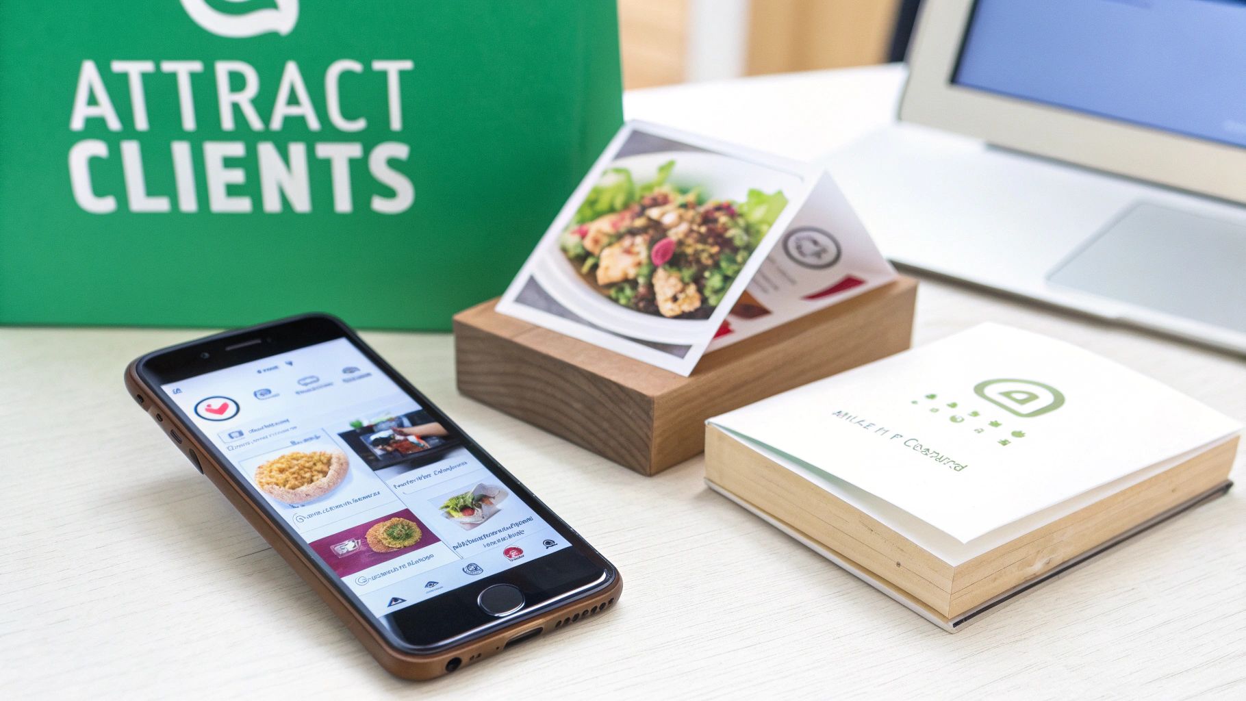 Desk setup with 'ATTRACT CLIENTS' sign, smartphone displaying food, marketing materials, and a laptop.