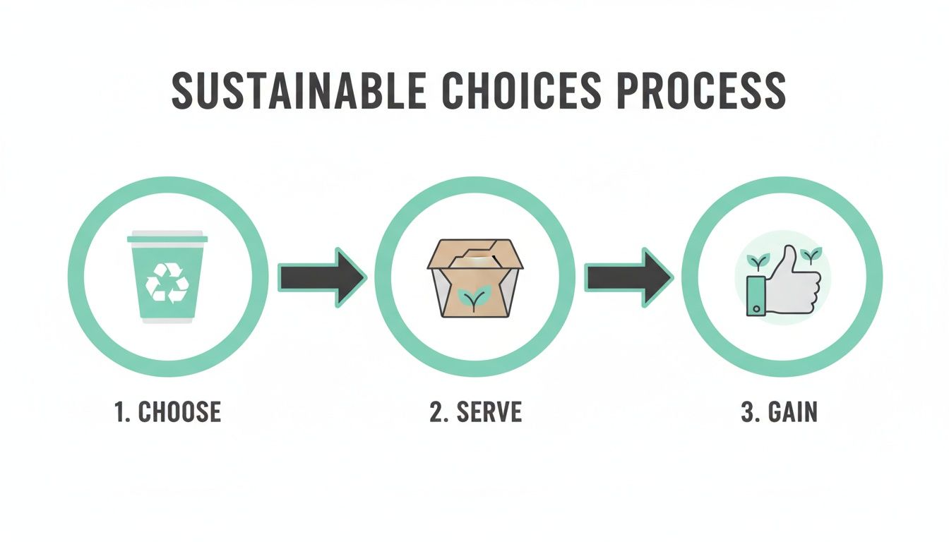 An infographic showing a three-step sustainable choices process with icons for choosing, serving, and gaining.