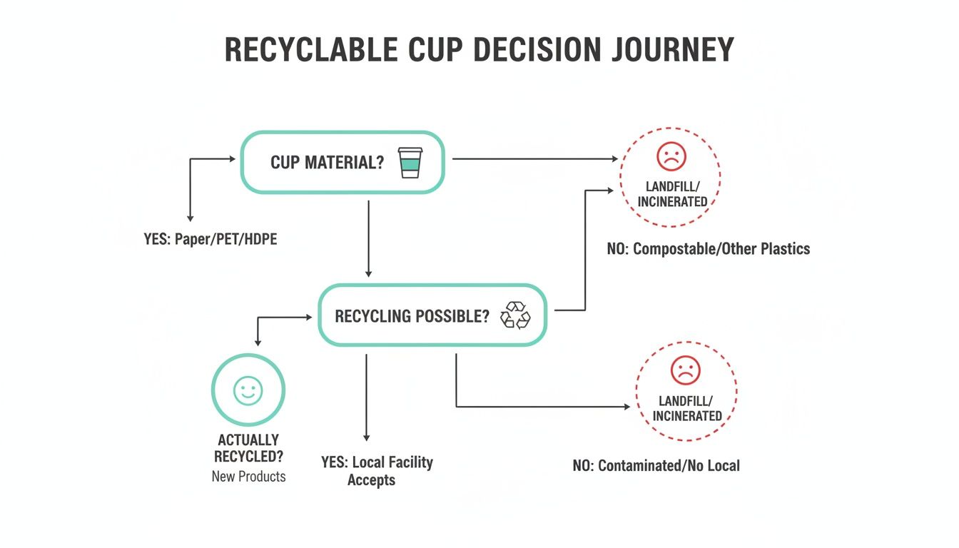 Flowchart illustrating the decision journey for recyclable cups, from material to actual recycling outcome.