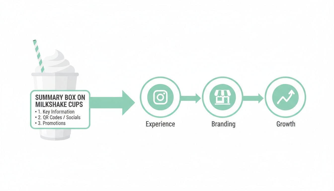 Diagram showing milkshake cups with a summary box leading to experience, branding, and growth.