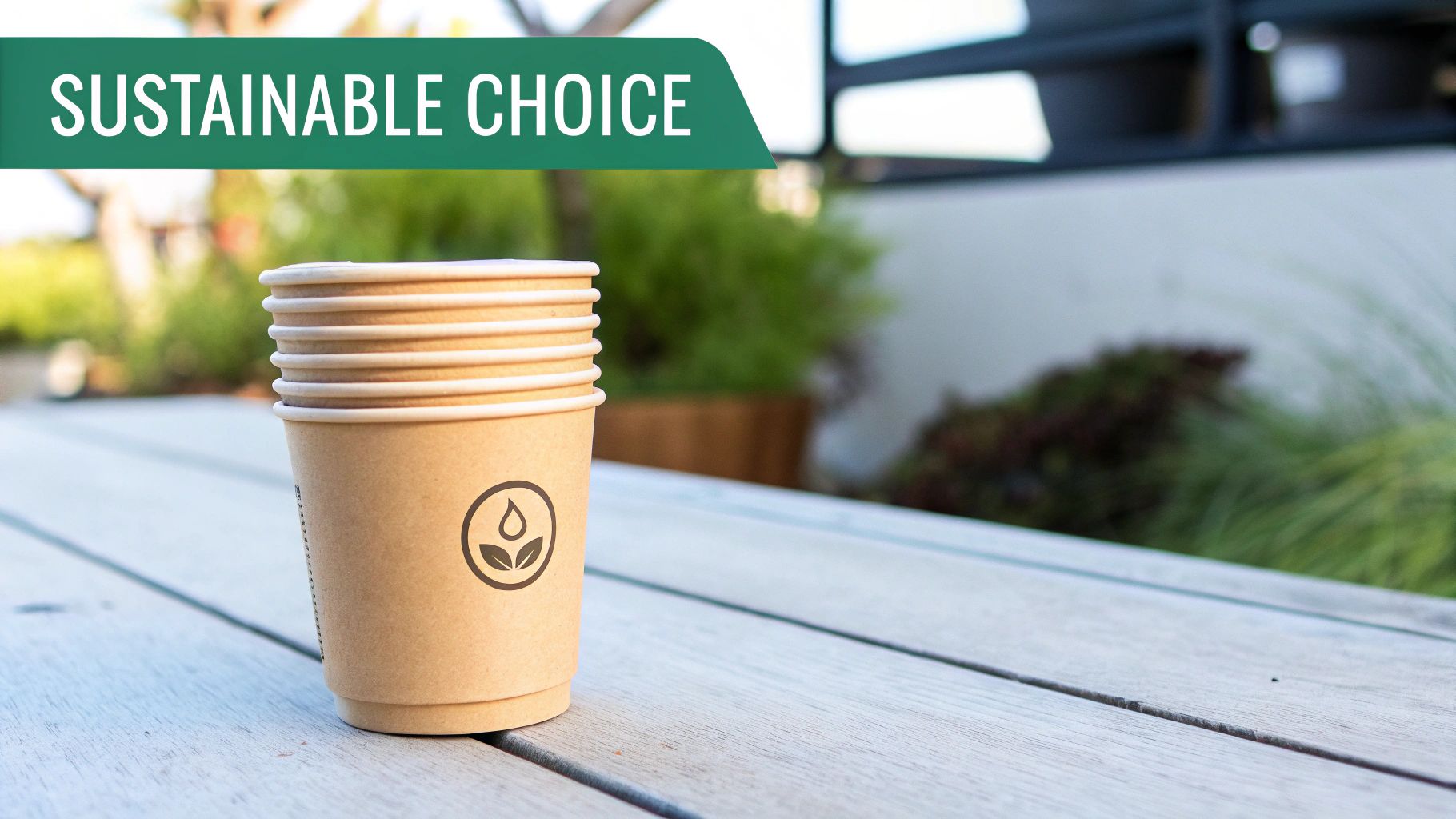 Stack of eco-friendly paper cups with a sustainable logo on a light wooden table outdoors.