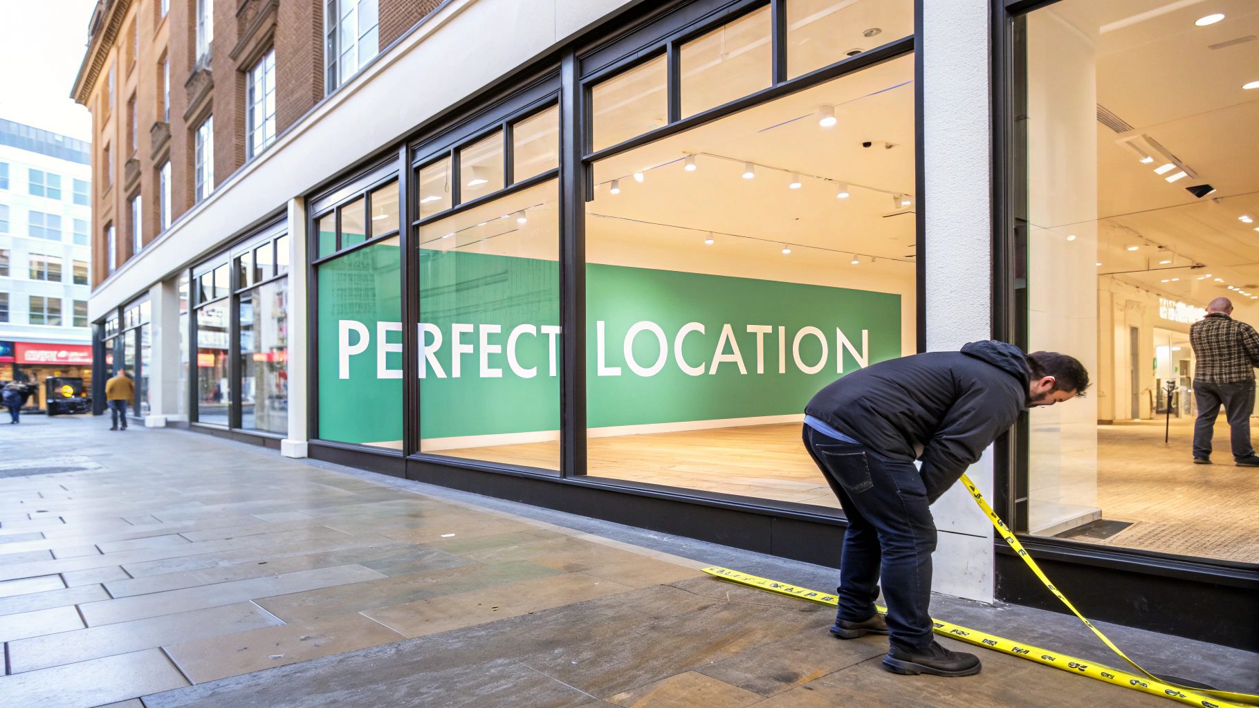 A man measures the exterior of an empty retail shop with 'PERFECT LOCATION' text on its window.