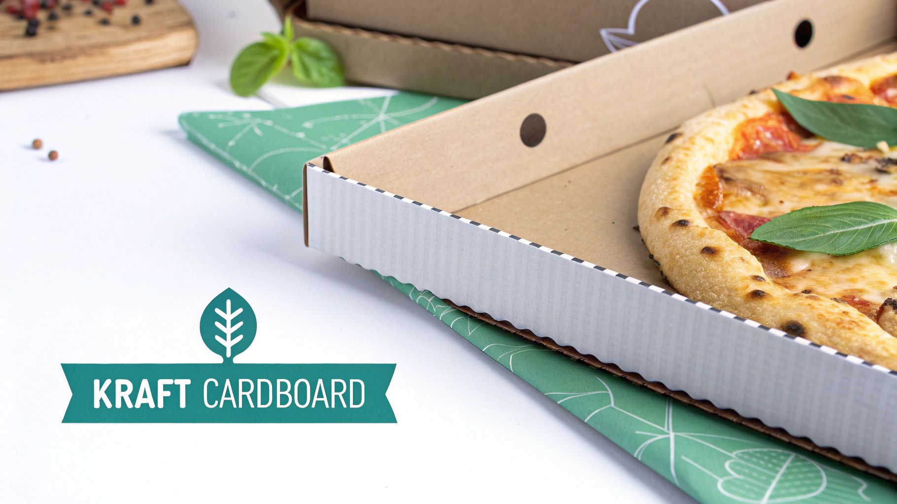 A freshly baked pizza with basil leaves rests in an open kraft cardboard pizza box.