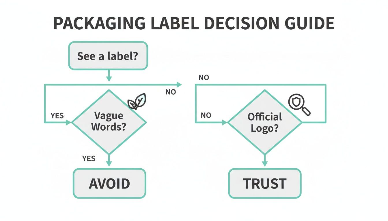 A flowchart titled 'Packaging Label Decision Guide' helps consumers evaluate product labels.
