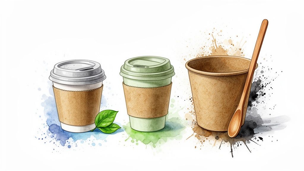 Watercolor illustration of three eco-friendly disposable coffee cups with lids and a wooden spoon.