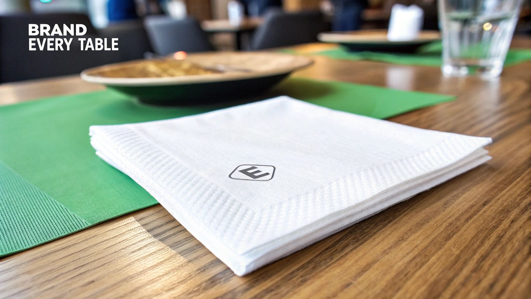 A neatly folded white paper napkin with an 'E' logo on a wooden table with a green placemat in a restaurant.
