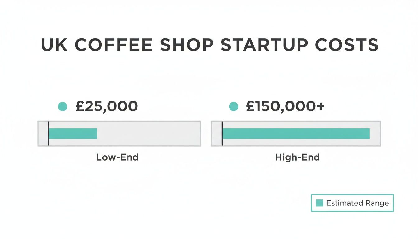 Infographic detailing UK coffee shop startup cost ranges from £25,000 to over £150,000.