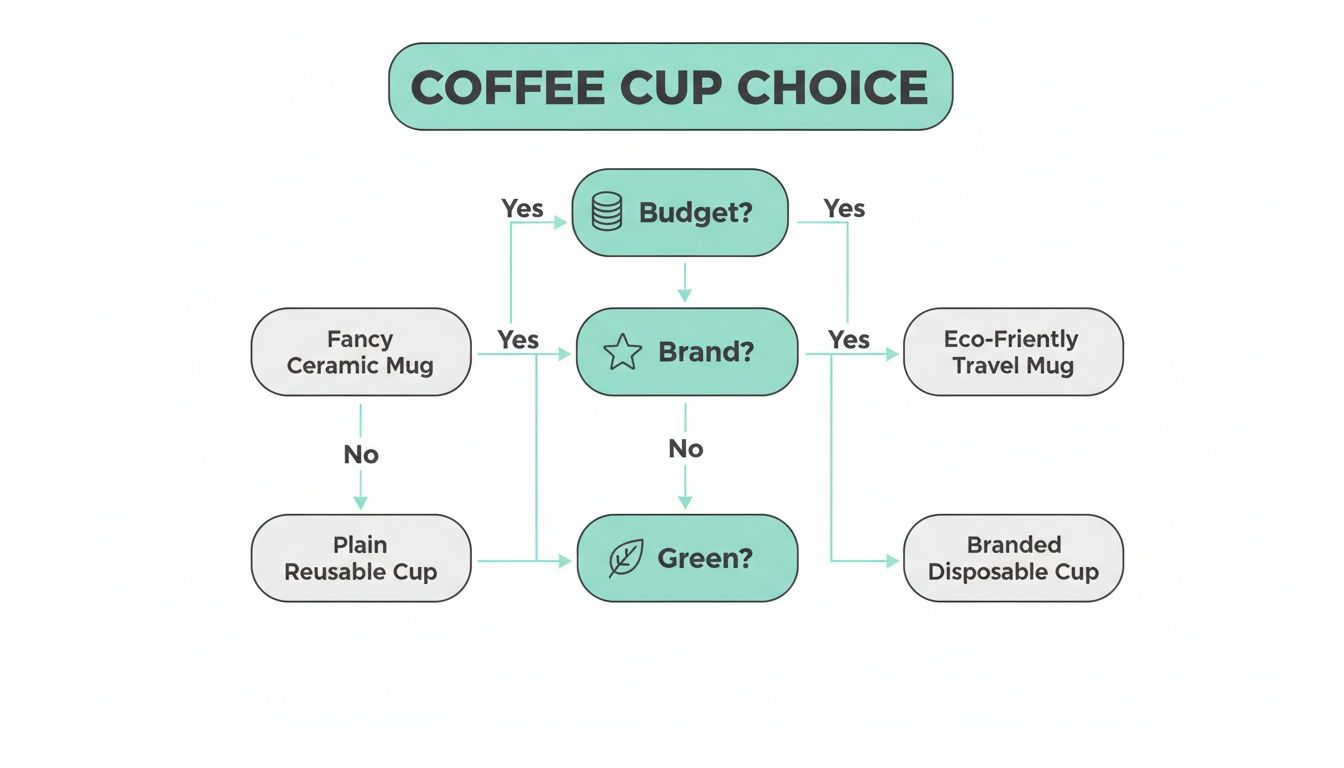 Flowchart illustrating coffee cup choices based on budget, brand, and eco-friendliness, leading to various cup types.