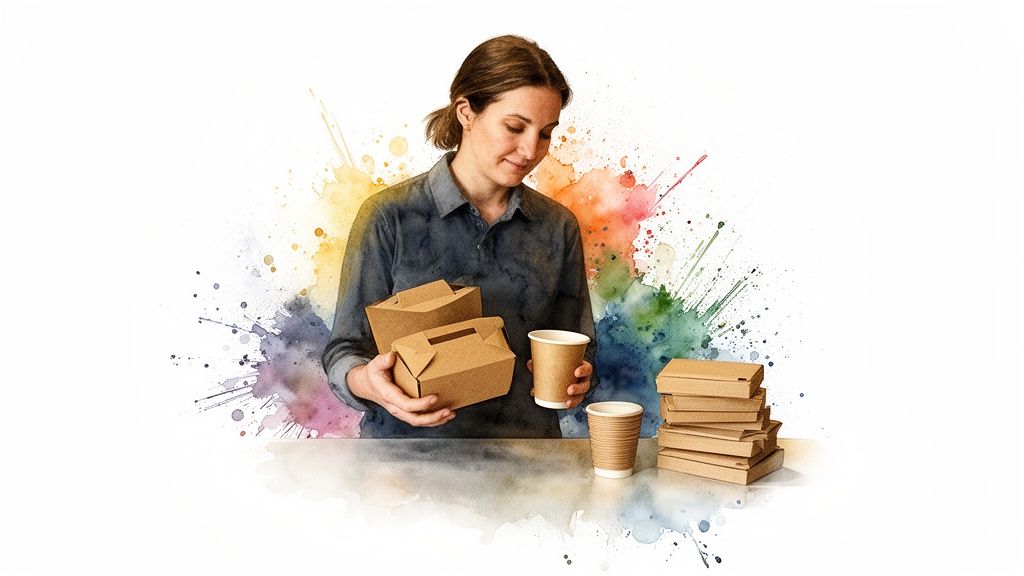 Woman holding various eco-friendly cardboard food packaging boxes and paper cups.
