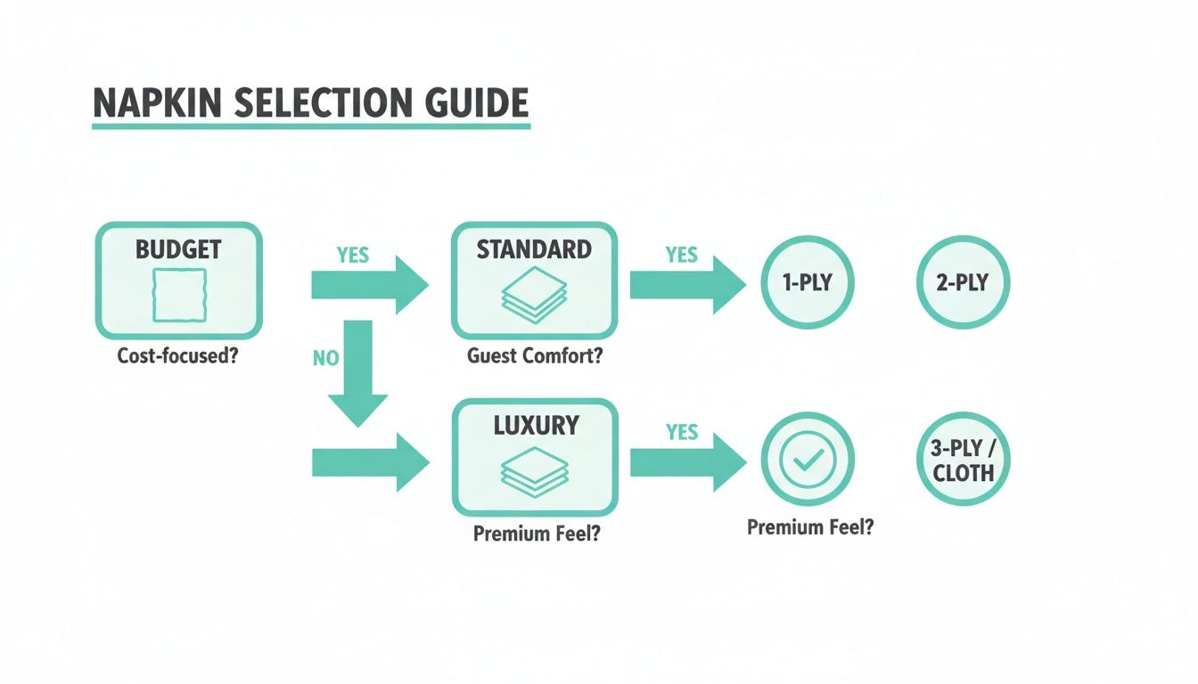 Flowchart guiding napkin selection based on budget, guest comfort, and premium feel, showing ply options.