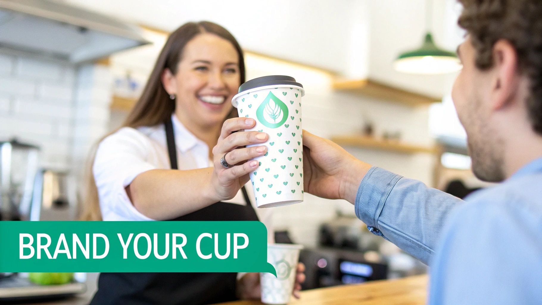 A smiling barista hands a branded disposable coffee cup with a leaf logo to a customer in a cafe.
