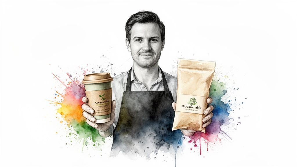 A smiling barista holds a compostable coffee cup and a biodegradable pouch, promoting eco-friendly products.