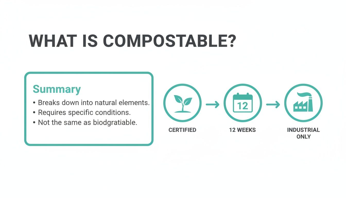 Diagram explaining what compostable means, including a summary of characteristics and the industrial composting process.