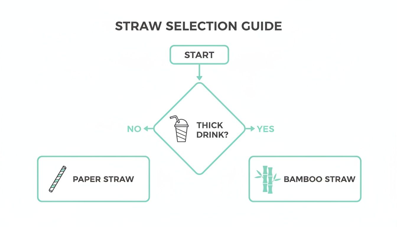 A flowchart guiding straw selection. For a thick drink, choose a bamboo straw; for other drinks, use a paper straw.